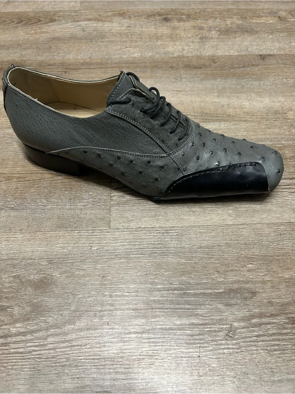 Tullio Men's Size 8 Grey Genuine Ostrich Lace-Up Derby Leather Shoes Italy